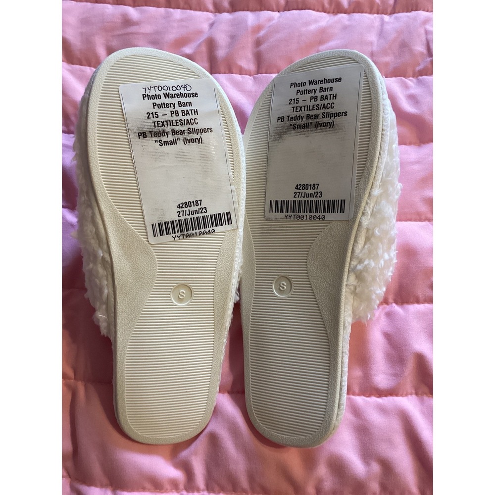 Pottery Barn‎ Teddy Bear Slippers Ivory Faux Fur Sherpa Slides Women Small - Picture 4 of 5